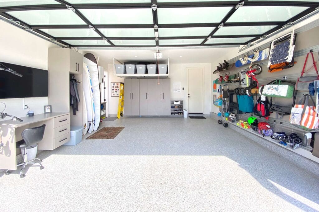 Bright, organized garage with ample storage and clean flooring.