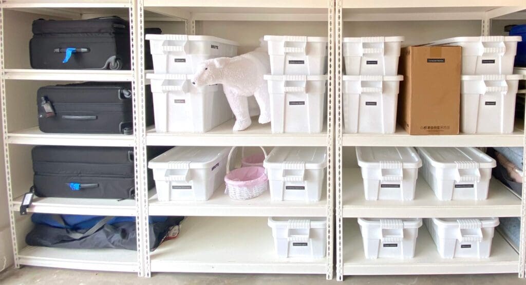White cat exploring organized white storage shelves with labeled bins.