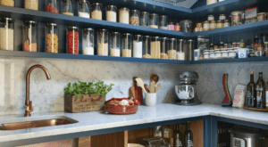 A kitchen with blue cabinets and jars of spices