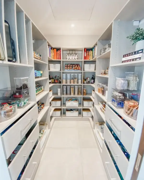 Long walk-in pantry with white shelves and drawers, food in clear canisters and baskets, organized by Simply Luxe