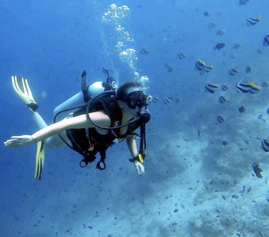 A scuba diver explores underwater surrounded by fish.