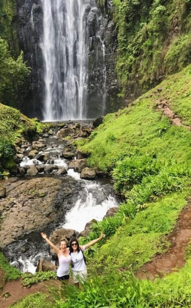A waterfall cascades into a rocky stream surrounded by lush greenery.