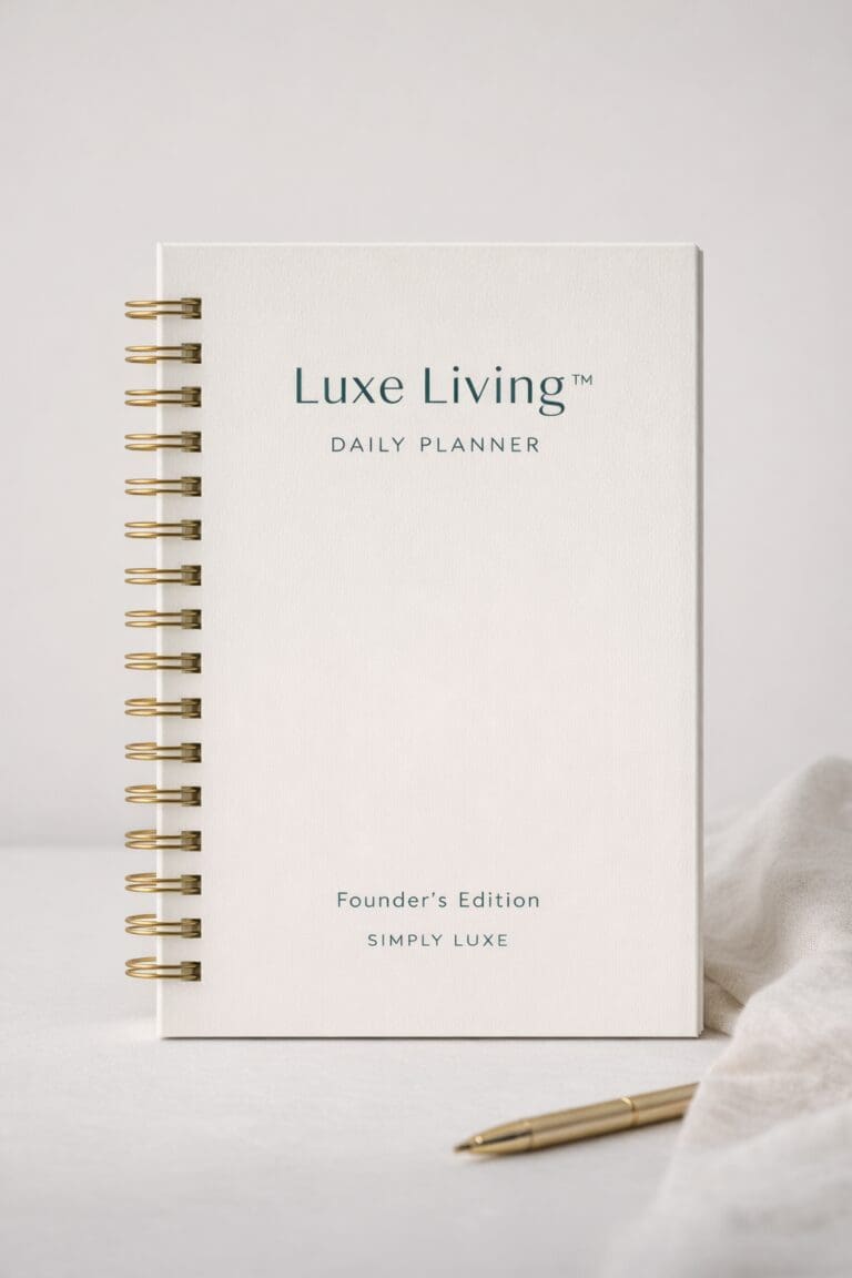 White Luxe Living daily planner with pen.