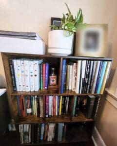 Overfilled bookcase before organizing, books stacked every which way, San Diego