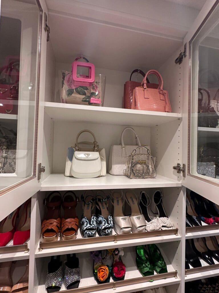 Closet handbag shelves and shoe display behind glass doors, organized in San Diego