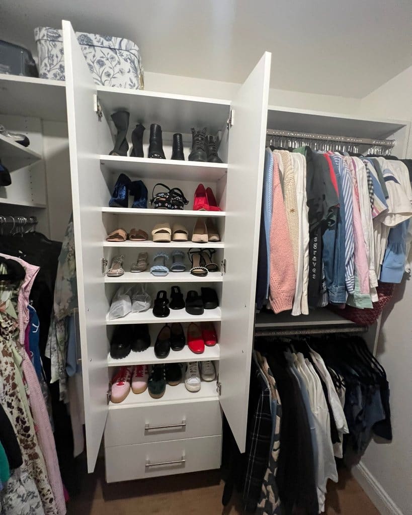 Closet shoe tower before organizing, Woodland Hills home