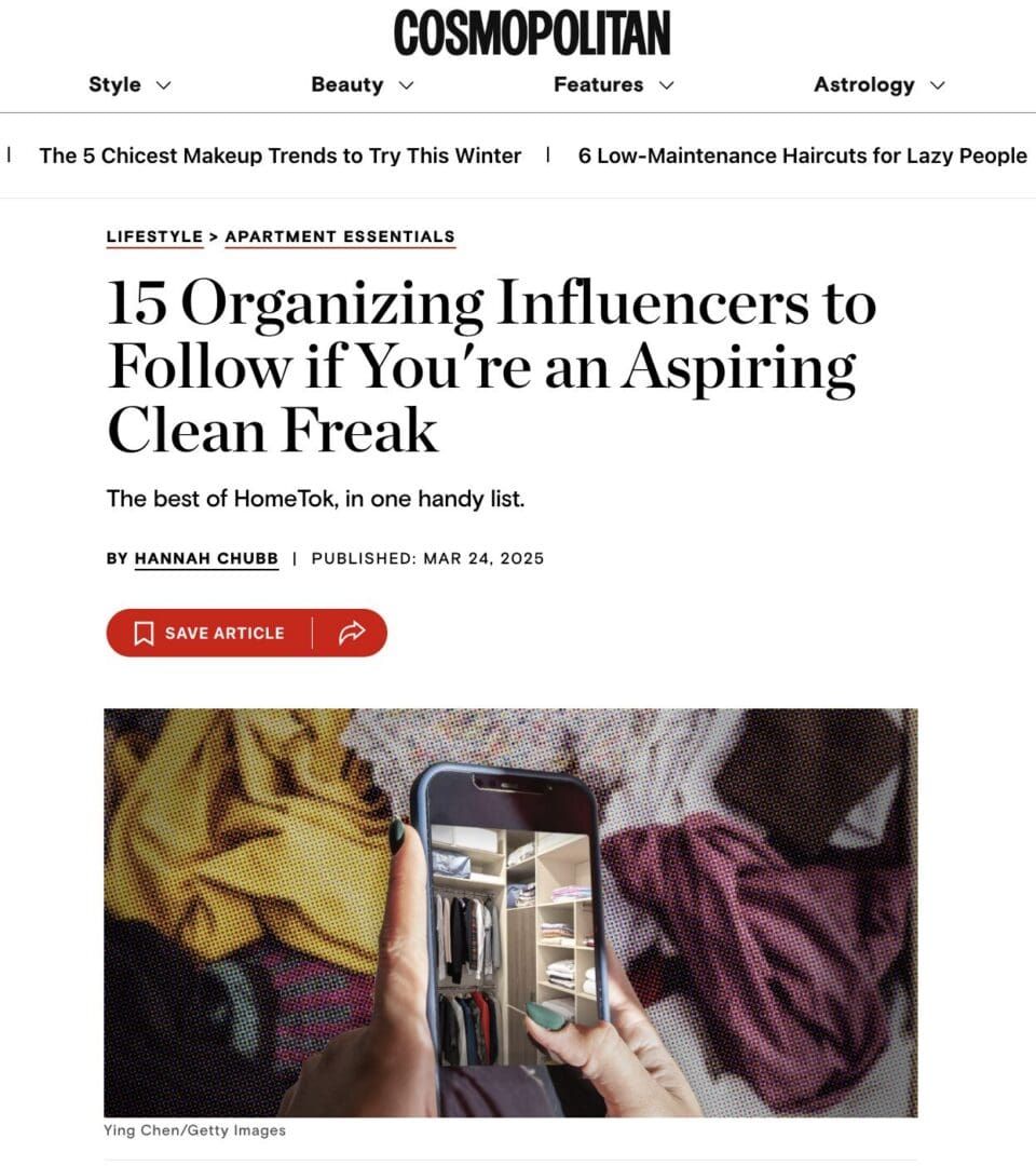 Cosmopolitan article page screenshot: 15 Organizing Influencers to Follow if You are an Aspiring Clean Freak by Hannah Chubb