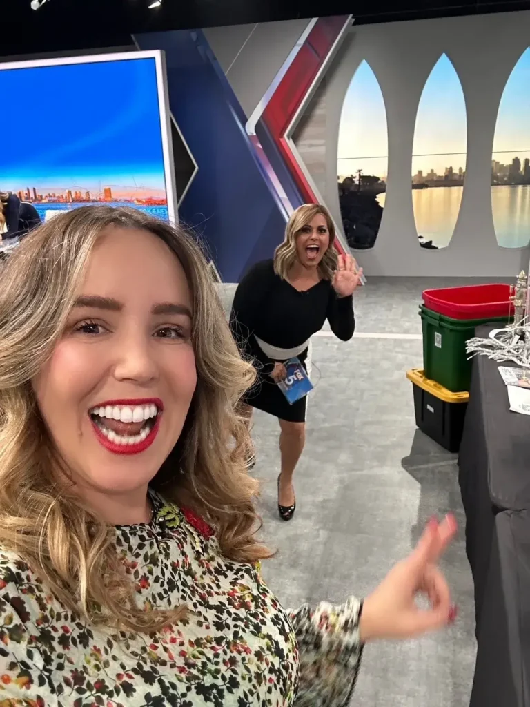 Simply Luxe team on FOX 5 San Diego television studio for holiday packing tips