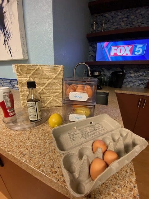 FOX 5 studio kitchen counter with eggs and lemons on it