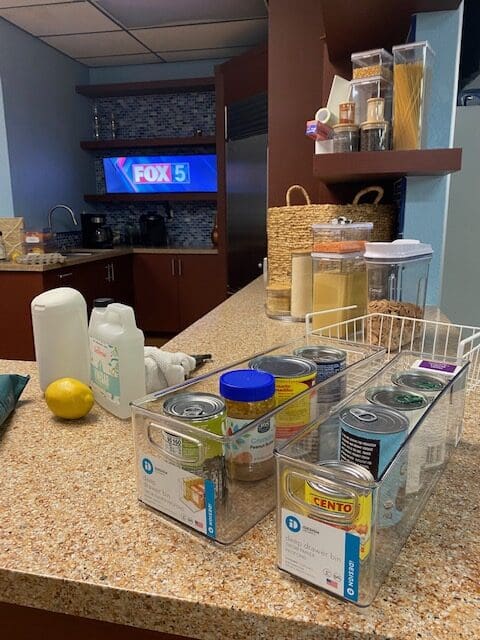 FOX 5 studio kitchen with a lot of food on the counter