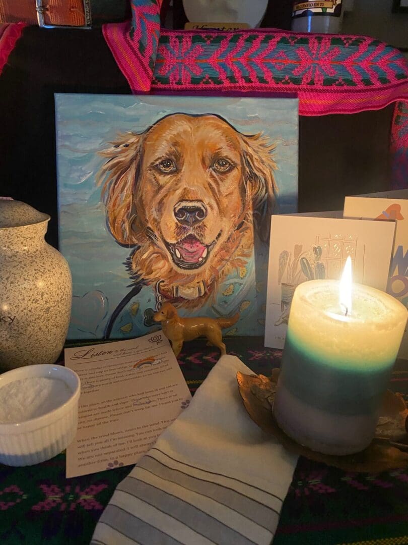 A painted portrait of a golden retriever with candles and pottery nearby.