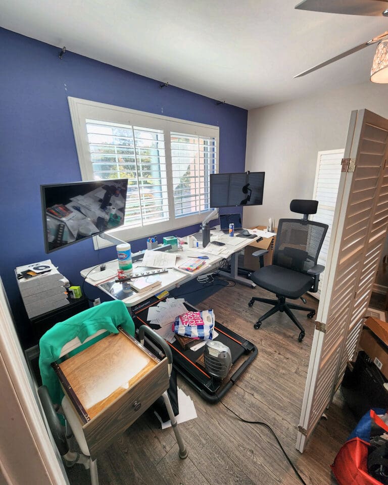 Home office before organizing: desks buried in paperwork, boxes and bins across the floor, Los Angeles