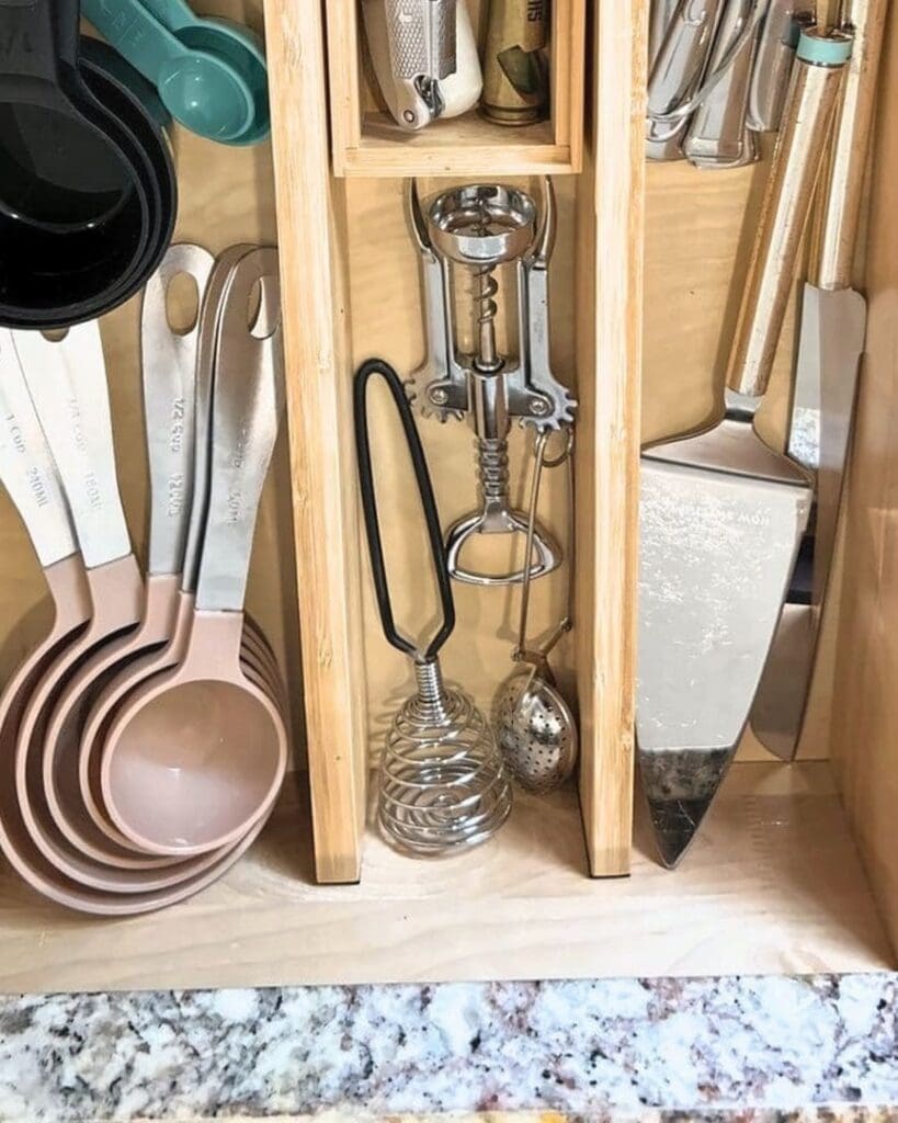 Kitchen utensil drawer after organizing, with measuring cups nested and every tool in its own section, Santee