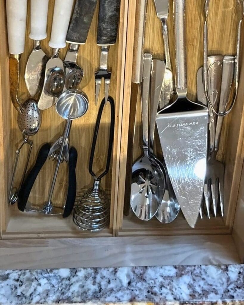 Kitchen utensil drawer before organizing, with tools loose and mixed together, Santee