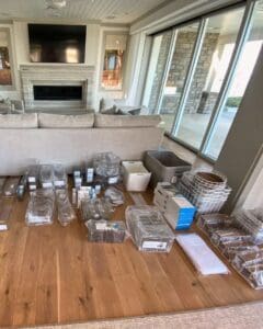 Prep day: organizing bins, baskets and drawer inserts laid out and planned before the unpack starts, Del Mar