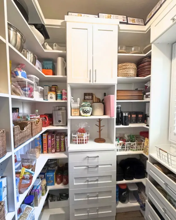 Walk-in pantry after Simply Luxe professional organizing, with clear canisters, baskets and tidy white shelves, San Diego