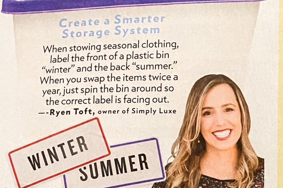 People magazine print page: Ryen Toft, owner of Simply Luxe, tip to label a seasonal bin winter and summer