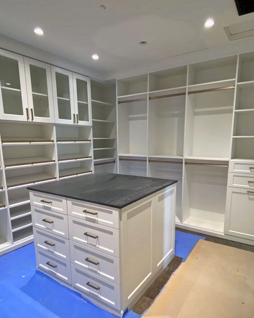 Primary walk-in closet before unpacking, San Diego
