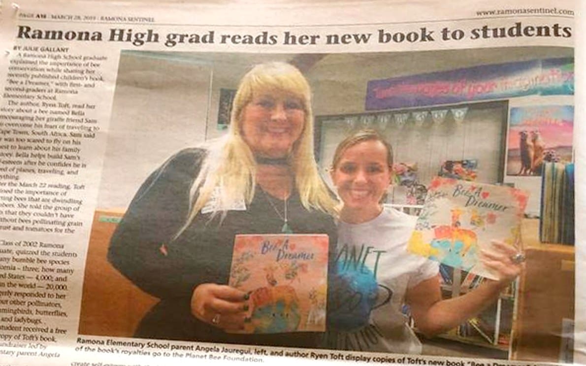 Ramona Sentinel print clipping, March 28, 2019: Ramona High grad reads her new book to students, with Ramona Elementary parent Angela Jauregui and author Ryen Toft holding Bee A Dreamer