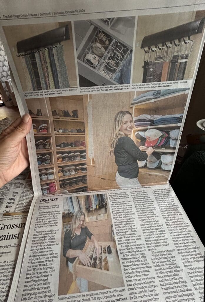 Ryen holding the printed October 10, 2026 San Diego Union-Tribune open to the Simply Luxe accessories storage feature