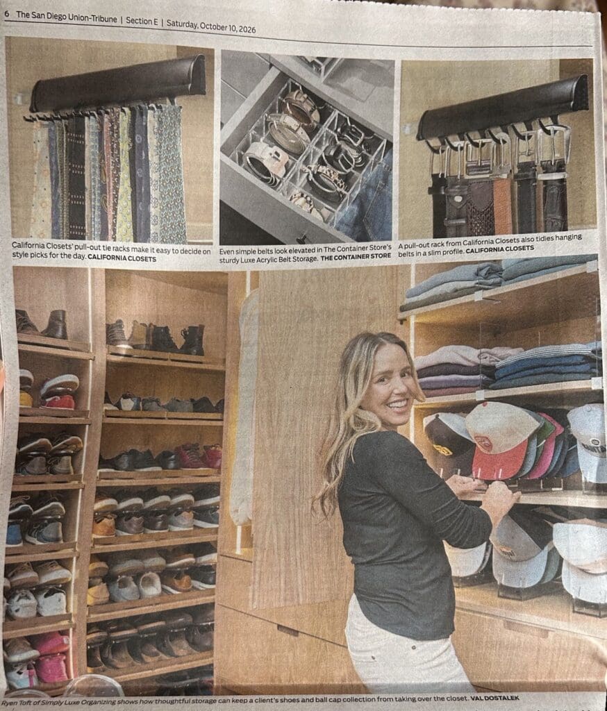 Ryen Toft of Simply Luxe Organizing in print in the San Diego Union-Tribune, arranging a client's ball cap collection beside built-in shoe shelves