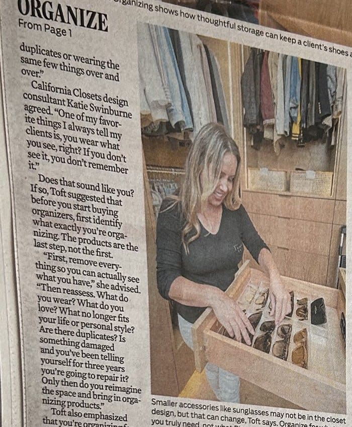 Union-Tribune print page showing Ryen Toft organizing sunglasses in a divided closet drawer