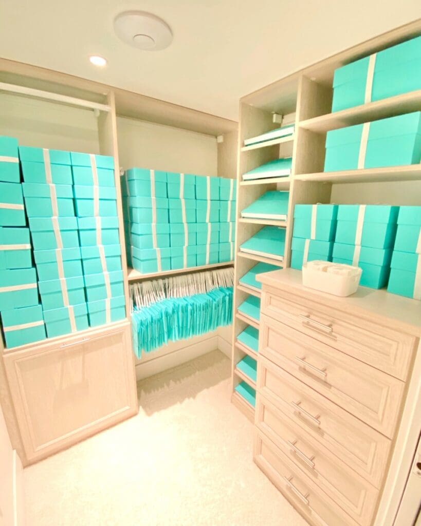 Same walk-in closet after styling, with matching turquoise boxes lined up on every shelf and labeled file folders
