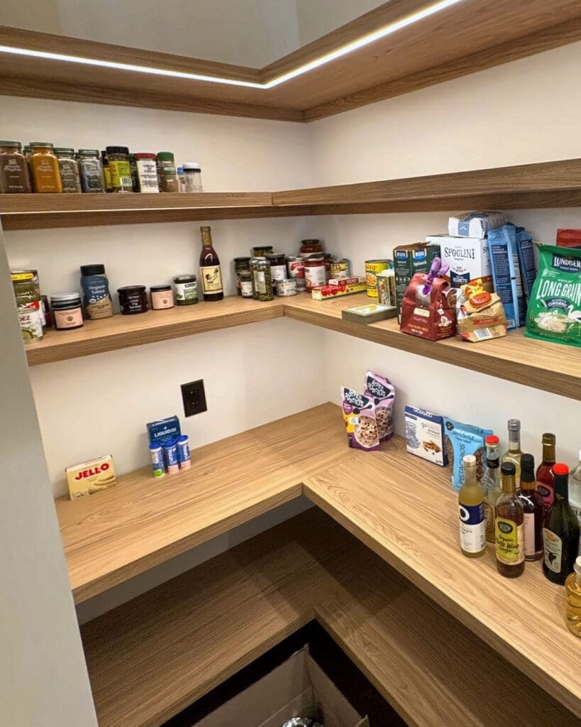 Walk-in pantry before organizing, with groceries, bottles and snack bags spread across bare wood shelves, San Diego