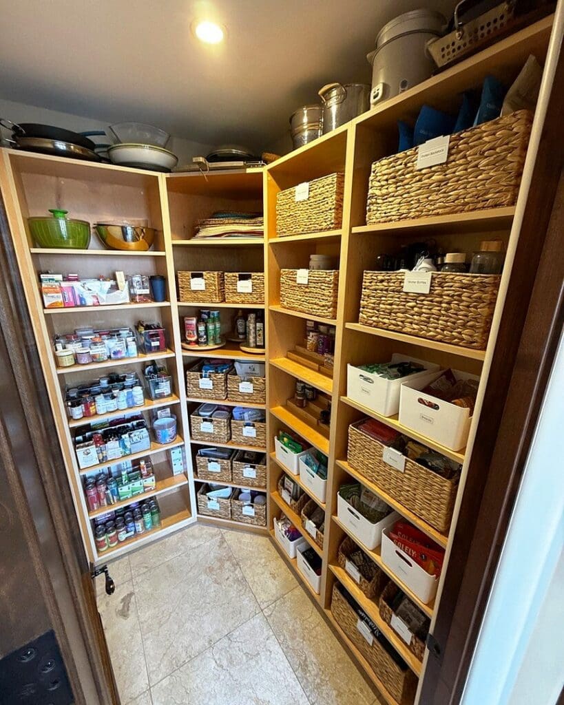 Walk-in pantry after Simply Luxe organizing, with labeled woven baskets, white bins and clear spice storage on warm wood shelves, Solana Beach