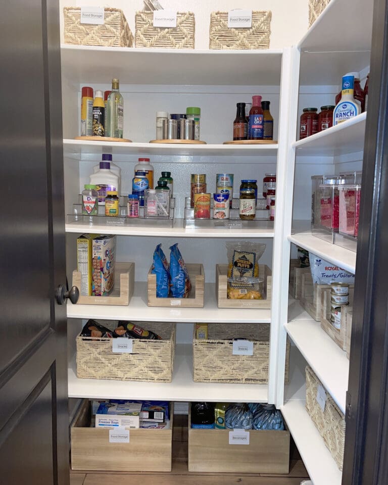 Organized pantry with labeled storage solutions.